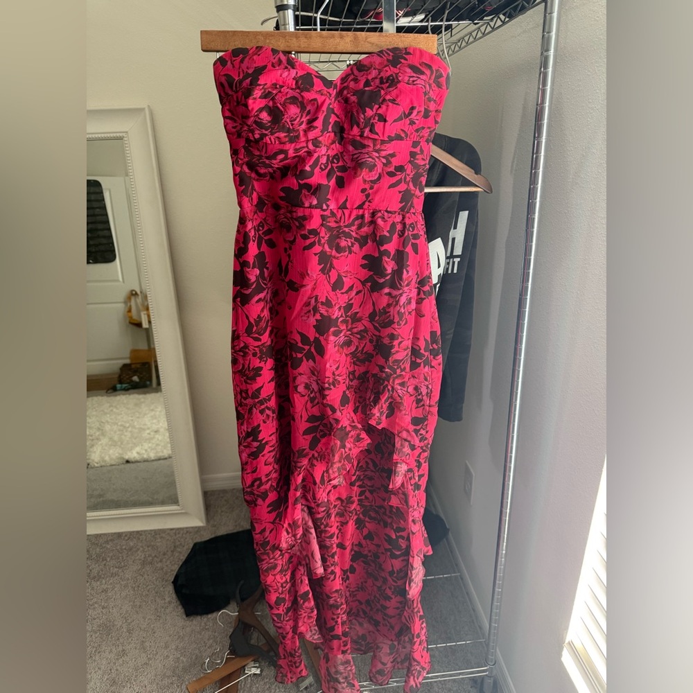 Amanda Uprichard Strapless Floral Maxi Dress in Hot Pink and Black